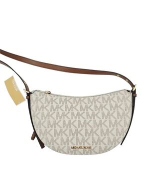 MICHAEL KORS Camden Half Moon Signature Logo Crossbody Bag Color: Vanilla/Acorn